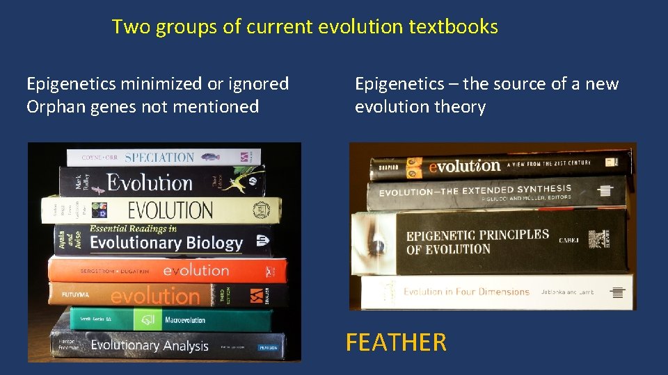 Two groups of current evolution textbooks Epigenetics minimized or ignored Orphan genes not mentioned