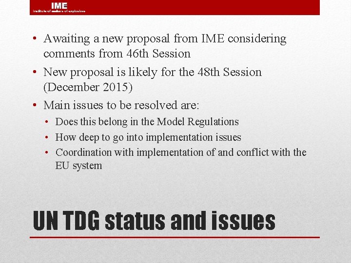  • Awaiting a new proposal from IME considering comments from 46 th Session