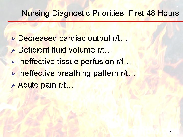 Nursing Diagnostic Priorities: First 48 Hours Decreased cardiac output r/t… Ø Deficient fluid volume