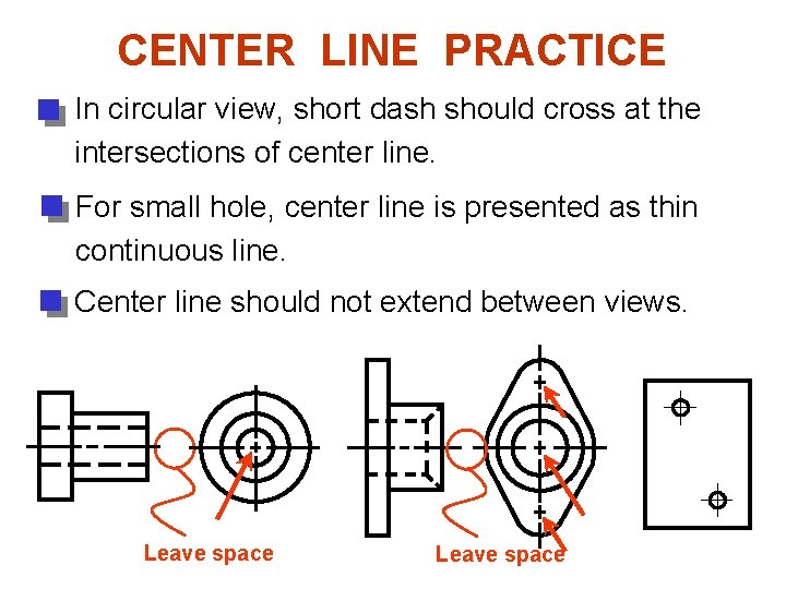 CENTER LINE PRACTICE In circular view, short dash should cross at the intersections of CENTER LINE PRACTICE In circular view, short dash should cross at the intersections of
