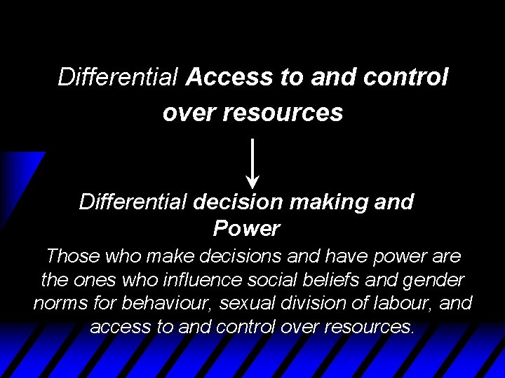 Differential Access to and control over resources Differential decision making and Power Those who