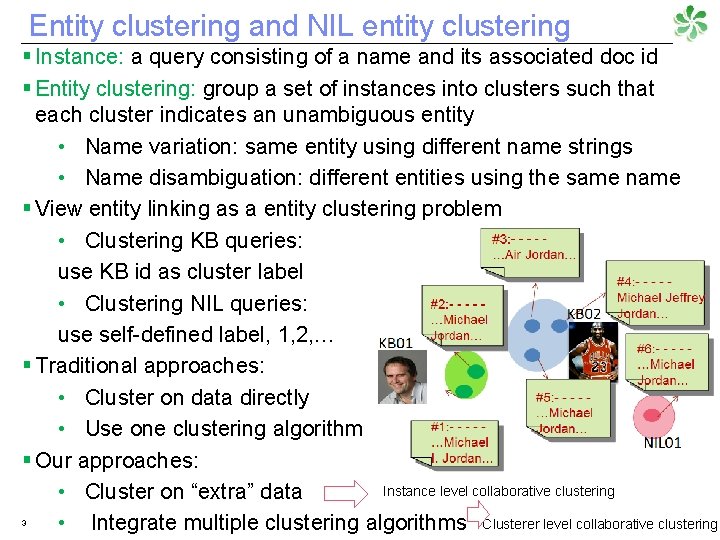 Entity clustering and NIL entity clustering § Instance: a query consisting of a name