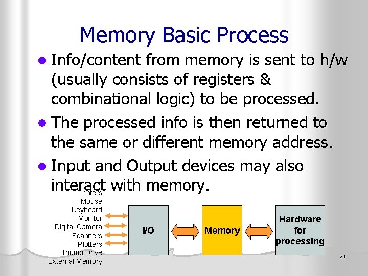 Memory Basic Process l Info/content from memory is sent to h/w (usually consists of