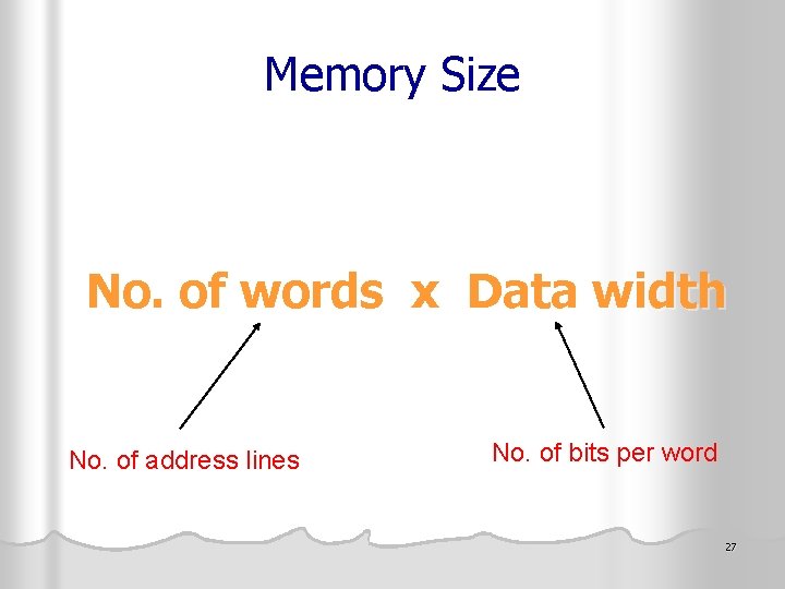 Memory Size No. of words x Data width No. of address lines No. of