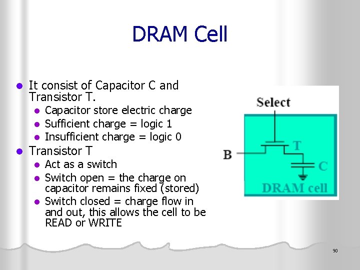 DRAM Cell l It consist of Capacitor C and Transistor T. l l Capacitor
