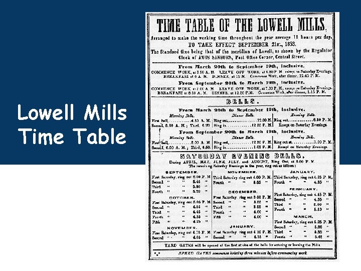 Lowell Mills Time Table 