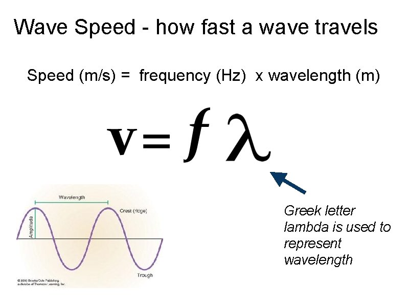 Wave Speed - how fast a wave travels Speed (m/s) = frequency (Hz) x