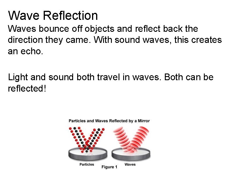 Wave Reflection Waves bounce off objects and reflect back the direction they came. With