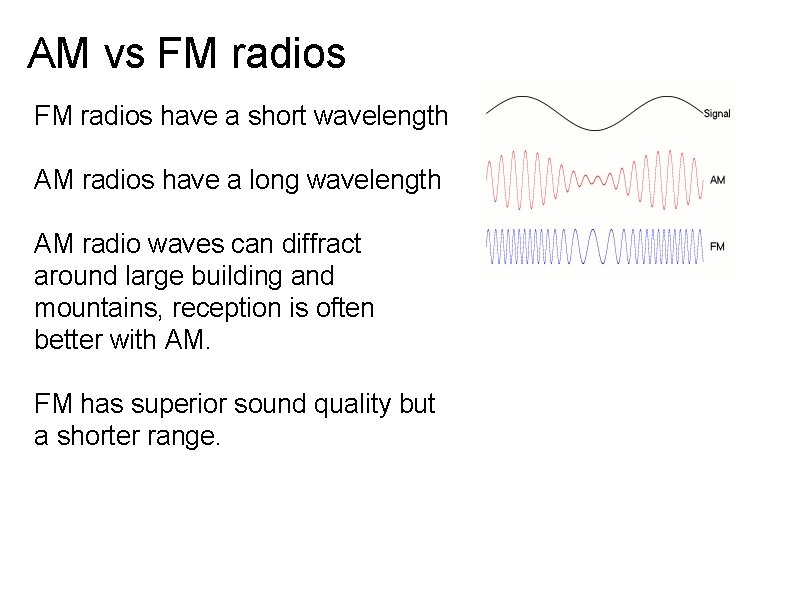 AM vs FM radios have a short wavelength AM radios have a long wavelength