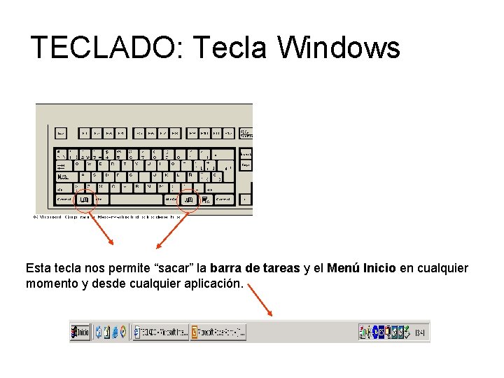 TECLADO: Tecla Windows Esta tecla nos permite “sacar” la barra de tareas y el