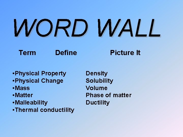 WORD WALL Term Define • Physical Property • Physical Change • Mass • Matter