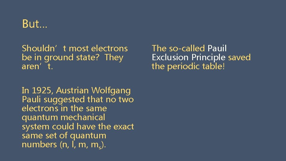 But… Shouldn’t most electrons be in ground state? They aren’t. In 1925, Austrian Wolfgang