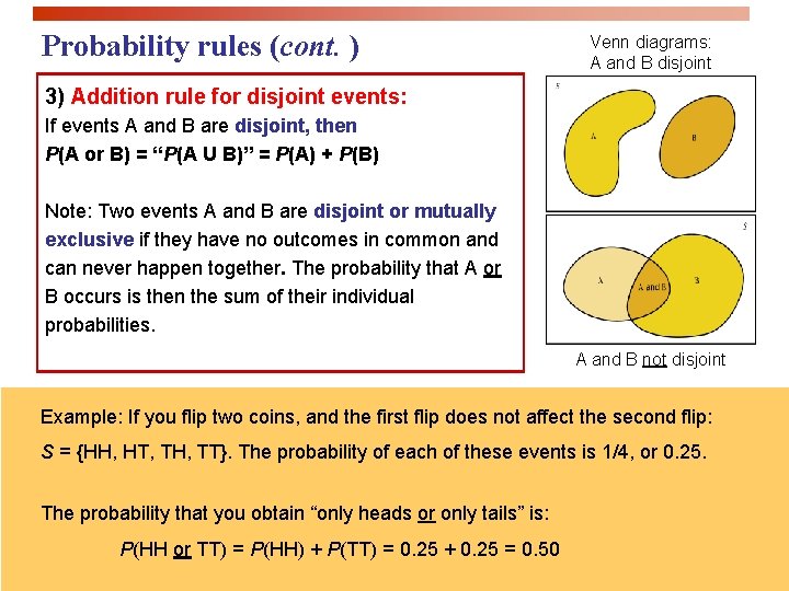 Probability rules (cont. ) Venn diagrams: A and B disjoint 3) Addition rule for