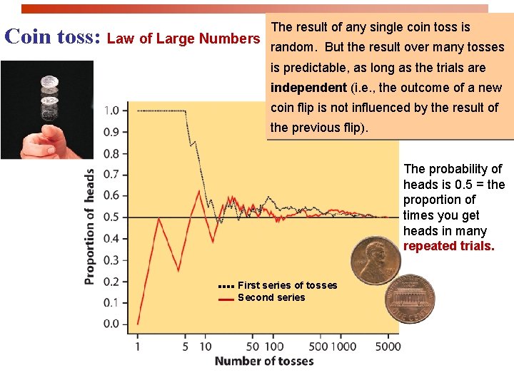 Coin toss: Law of Large Numbers The result of any single coin toss is