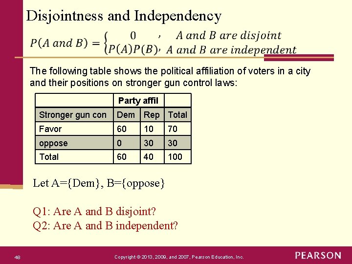 Disjointness and Independency The following table shows the political affiliation of voters in a