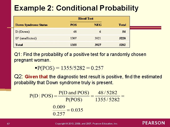 Example 2: Conditional Probability Q 1: Find the probability of a positive test for
