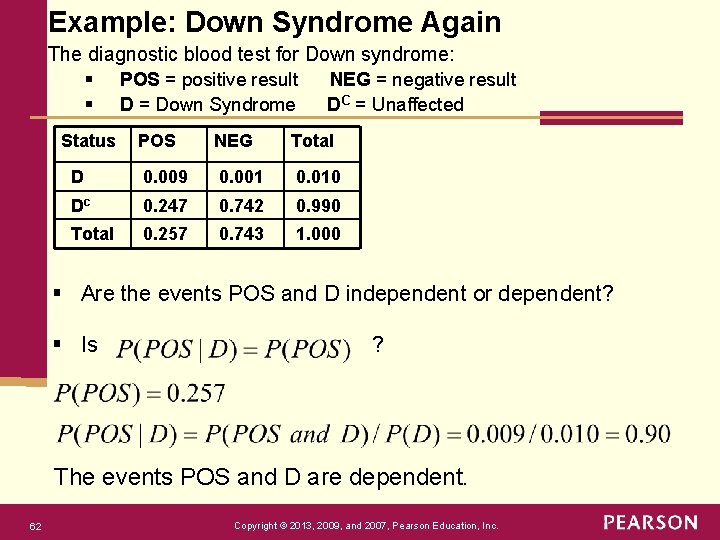 Example: Down Syndrome Again The diagnostic blood test for Down syndrome: § POS =