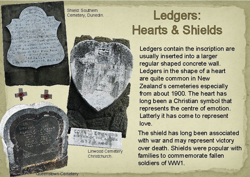 Shield: Southern Cemetery, Dunedin. Ledgers: Hearts & Shields Ledgers contain the inscription are usually