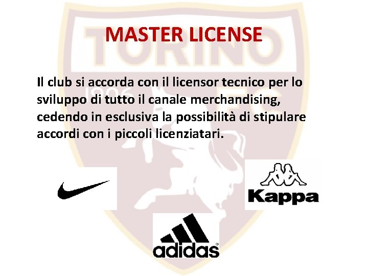 MASTER LICENSE Il club si accorda con il licensor tecnico per lo sviluppo di