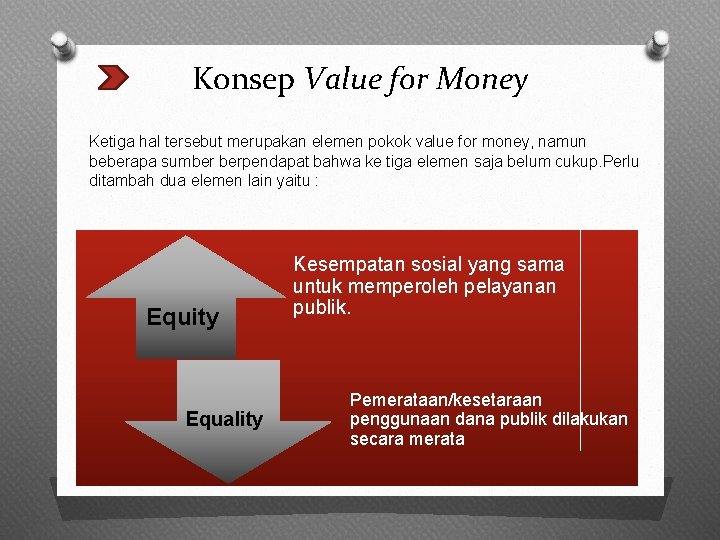 Konsep Value for Money Ketiga hal tersebut merupakan elemen pokok value for money, namun