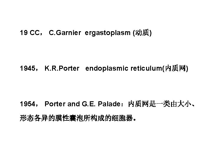 19 CC， C. Garnier ergastoplasm (动质) 1945， K. R. Porter endoplasmic reticulum(内质网) 1954， Porter