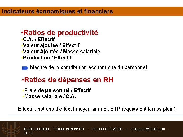 Indicateurs économiques et financiers • Ratios de productivité §C. A. / Effectif §Valeur ajoutée