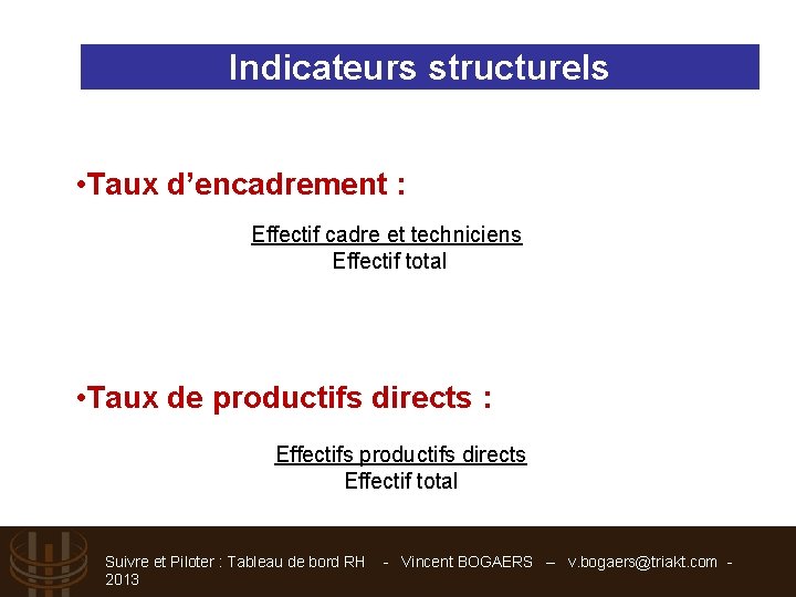 Indicateurs structurels • Taux d’encadrement : Effectif cadre et techniciens Effectif total • Taux