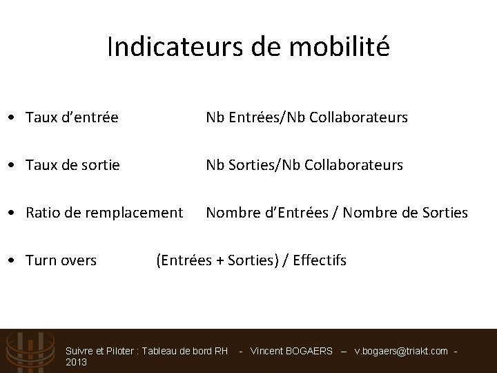 Indicateurs de mobilité • Taux d’entrée Nb Entrées/Nb Collaborateurs • Taux de sortie Nb
