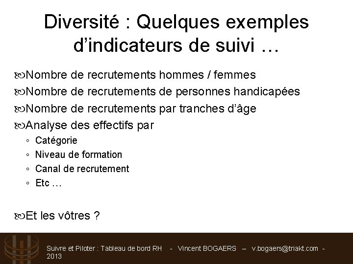 Diversité : Quelques exemples d’indicateurs de suivi … Nombre de recrutements hommes / femmes