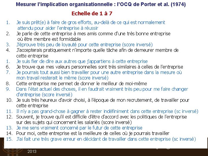 Mesurer l’implication organisationnelle : l’OCQ de Porter et al. (1974) Echelle de 1 à