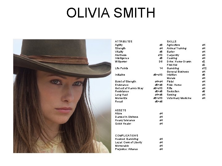 OLIVIA SMITH ATTRIBUTES Agility Strength Vitality Alertness Intelligence Willpower Life Points d 6 d