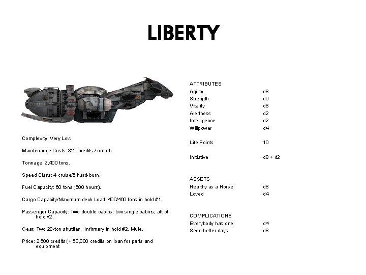 LIBERTY Complexity: Very Low Maintenance Costs: 320 credits / month ATTRIBUTES Agility Strength Vitality