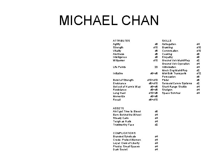 MICHAEL CHAN ATTRIBUTES Agility Strength Vitality Alertness Intelligence Willpower Life Points Initiative d 6