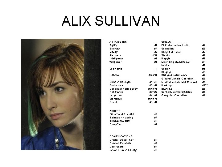 ALIX SULLIVAN ATTRIBUTES Agility Strength Vitality Alertness Intelligence Willpower Life Points d 8 d