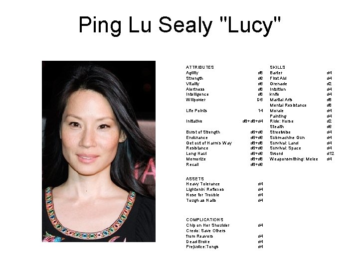 Ping Lu Sealy "Lucy" ATTRIBUTES Agility Strength Vitality Alertness Intelligence Willpower d 8 d