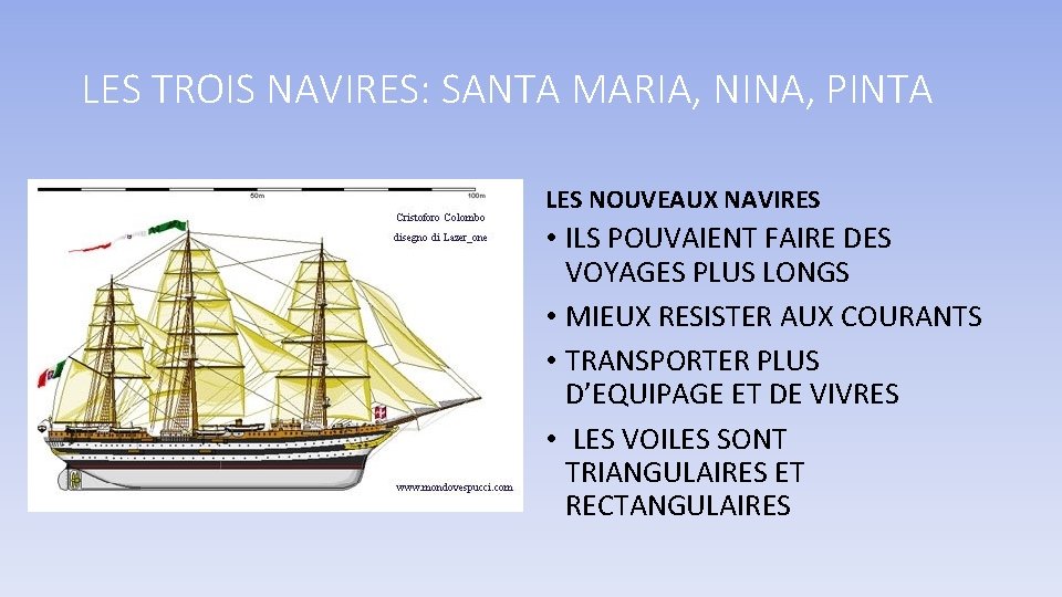 LES TROIS NAVIRES: SANTA MARIA, NINA, PINTA LES NOUVEAUX NAVIRES • ILS POUVAIENT FAIRE