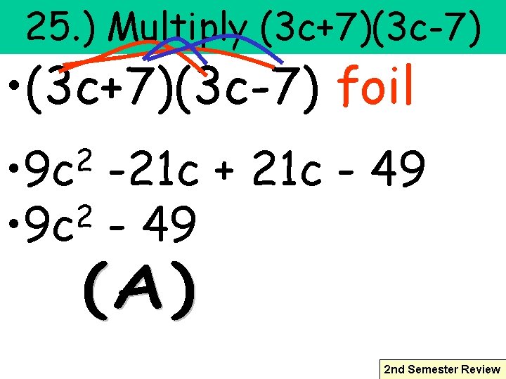 25. ) Multiply (3 c+7)(3 c-7) • (3 c+7)(3 c-7) foil 2 • 9