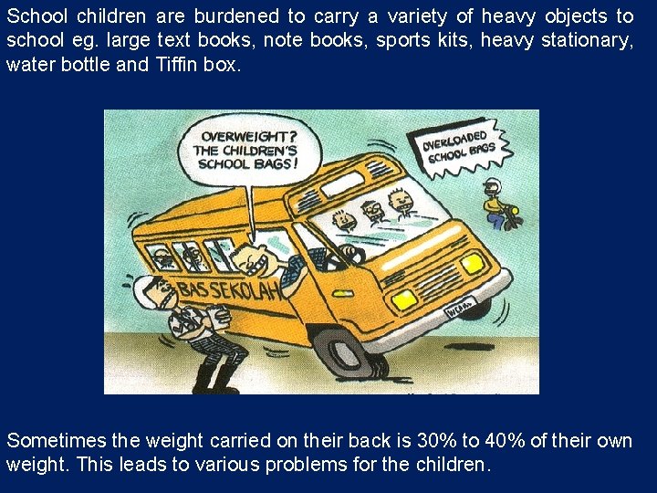 School children are burdened to carry a variety of heavy objects to school eg.