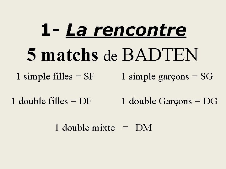 1 - La rencontre 5 matchs de BADTEN 1 simple filles = SF 1