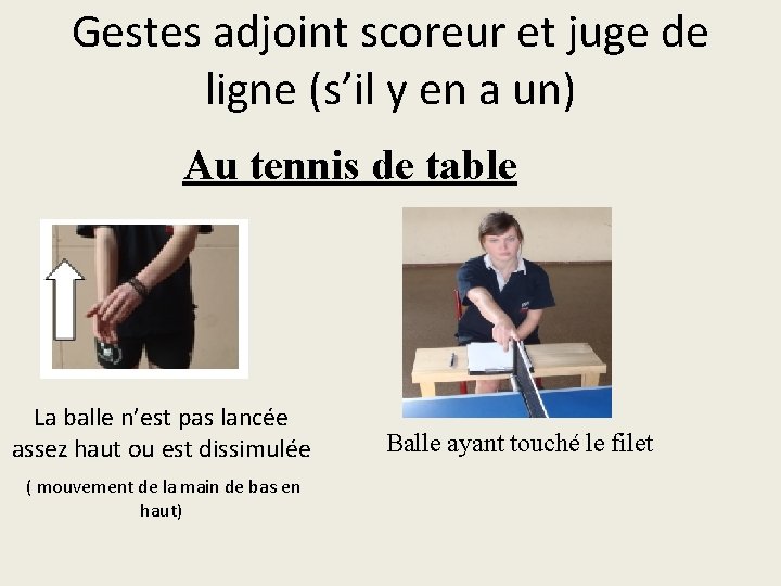 Gestes adjoint scoreur et juge de ligne (s’il y en a un) Au tennis