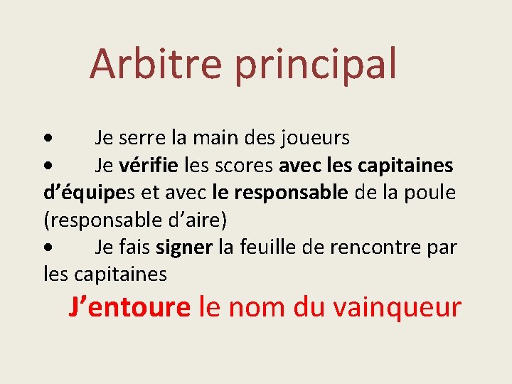 Arbitre principal · Je serre la main des joueurs · Je vérifie les scores