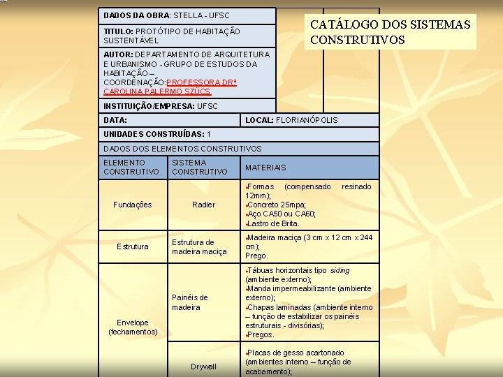 DADOS DA OBRA: STELLA - UFSC CATÁLOGO DOS SISTEMAS CONSTRUTIVOS TITULO: PROTÓTIPO DE HABITAÇÃO
