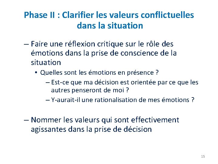 Phase II : Clarifier les valeurs conflictuelles dans la situation – Faire une réflexion