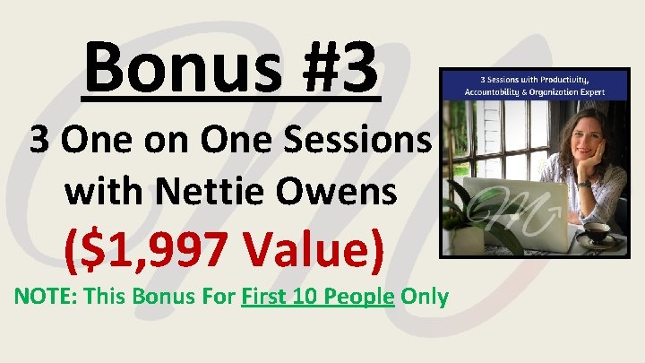 Bonus #3 3 One on One Sessions with Nettie Owens ($1, 997 Value) NOTE: