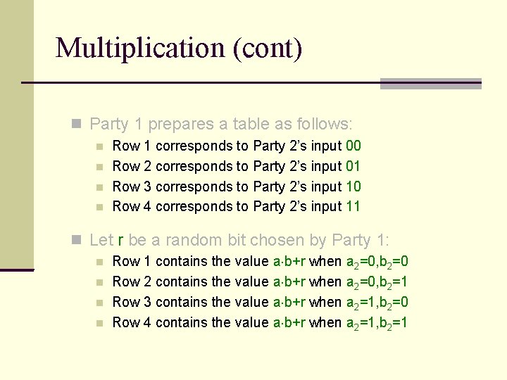 Multiplication (cont) Party 1 prepares a table as follows: Row 1 corresponds to Party