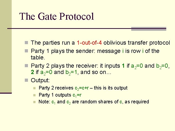 The Gate Protocol The parties run a 1 -out-of-4 oblivious transfer protocol Party 1