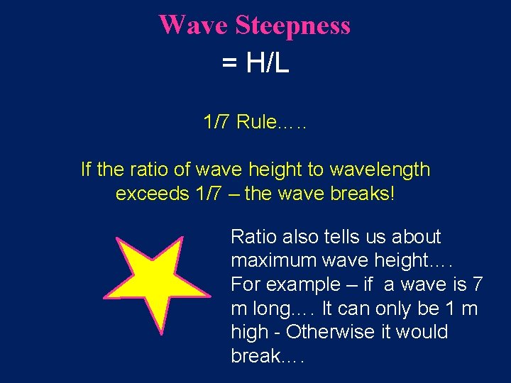 Wave Steepness = H/L 1/7 Rule…. . If the ratio of wave height to