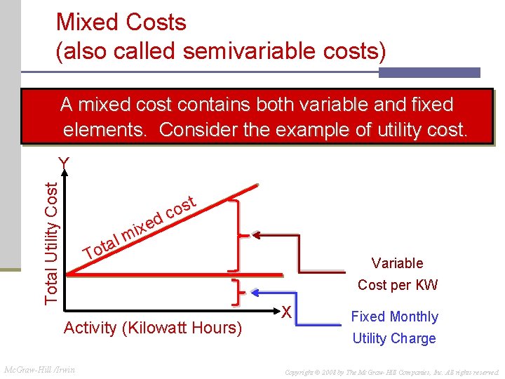 Mixed Costs (also called semivariable costs) A mixed cost contains both variable and fixed