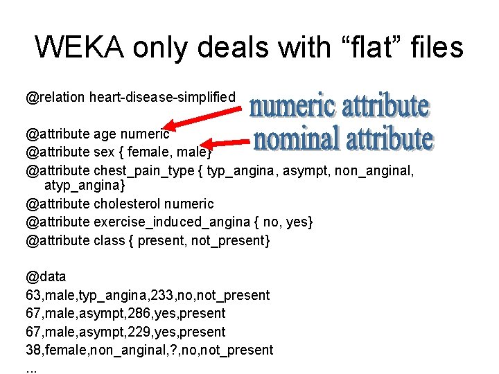 WEKA only deals with “flat” files @relation heart-disease-simplified @attribute age numeric @attribute sex {