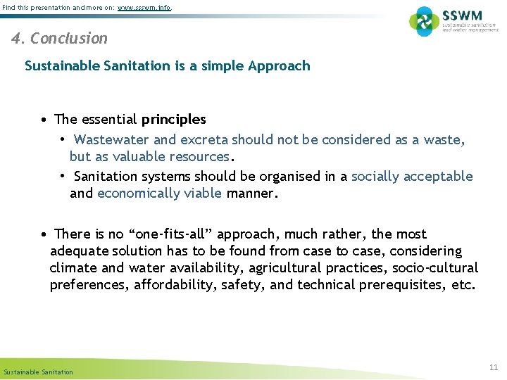 Find this presentation and more on: www. ssswm. info. 4. Conclusion Sustainable Sanitation is